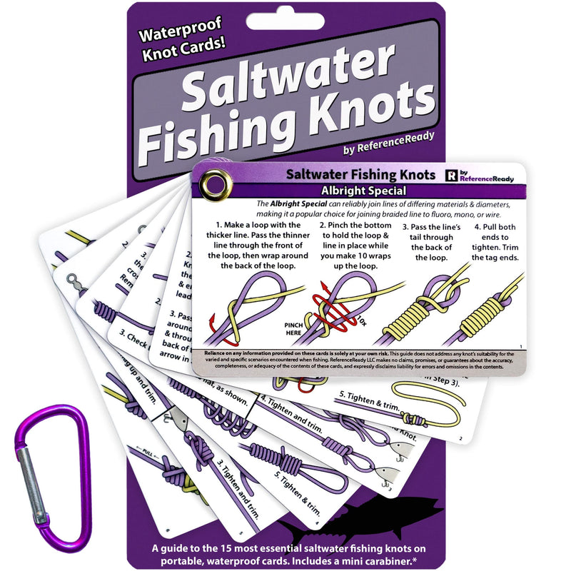 ReferenceReady Saltwater Fishing Knot Cards - Waterproof Pocket Guide to 15 Big Game Fishing Knots | Includes Portable Book of Inshore and Deep Sea Fishing Knots and a Mini Carabiner - BeesActive Australia