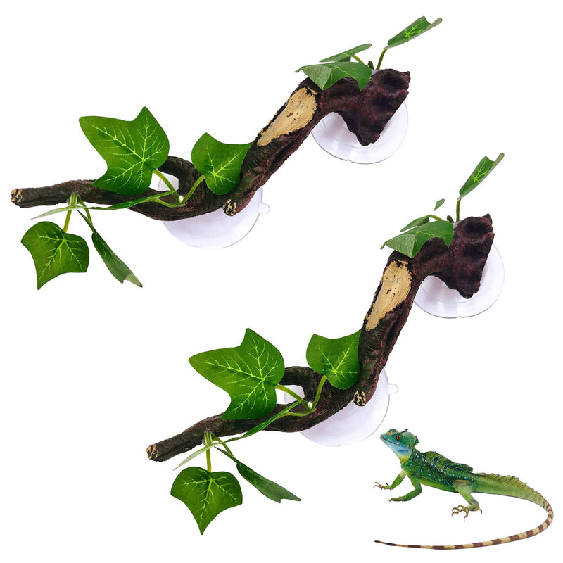 PINVNBY 2 PCS Reptile Corner Branch Terrarium Plant Decoration with Suction Cup Resin Plant for Amphibian Lizard Snake Climbing - BeesActive Australia