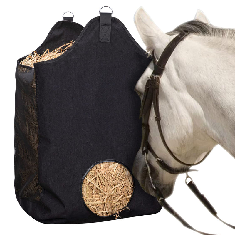 ZELARMAN Horse Hay Bag with Large Capacity，Slow Feeder Hay Nets， Leather Trim Feeding Bag for Horses, Sheep Black - BeesActive Australia