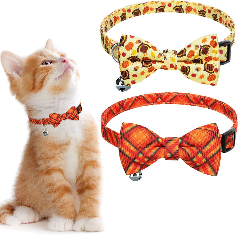Thanksgiving Breakaway Cat Bowtie Collar with Bell Turkey Printing Plaid Cute Fall Kitten Accessories for Cat Puppy, Pack of 2 Turkey & Plaid - BeesActive Australia