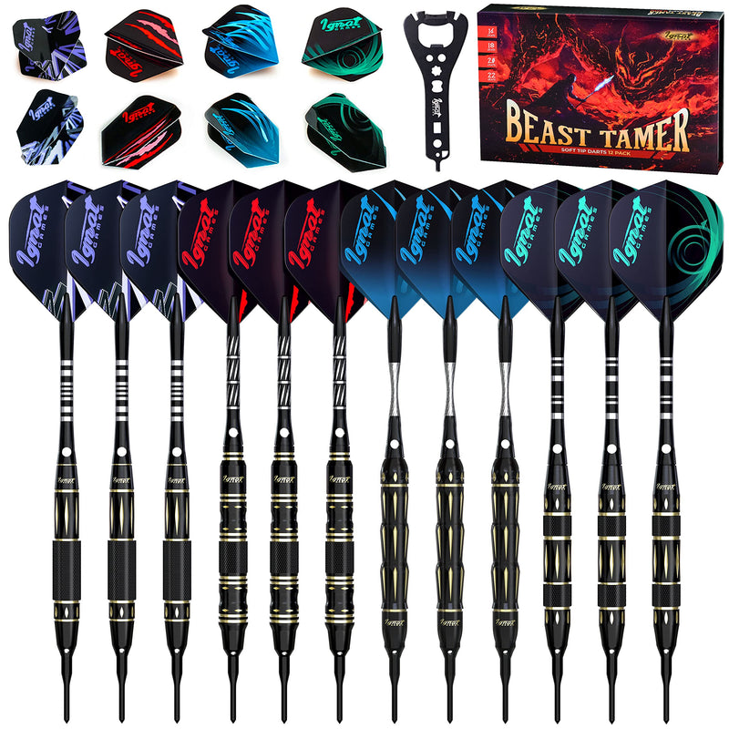 IgnatGames Plastic Tip Darts Set - Soft Tip Darts for Electronic Dart Board - Aluminum Shafts with O'rings, Extra Tips and Extra Flights + Dart Wrench + Innovative Case Beast Tamer 12 Pack (16g - 22g) - BeesActive Australia