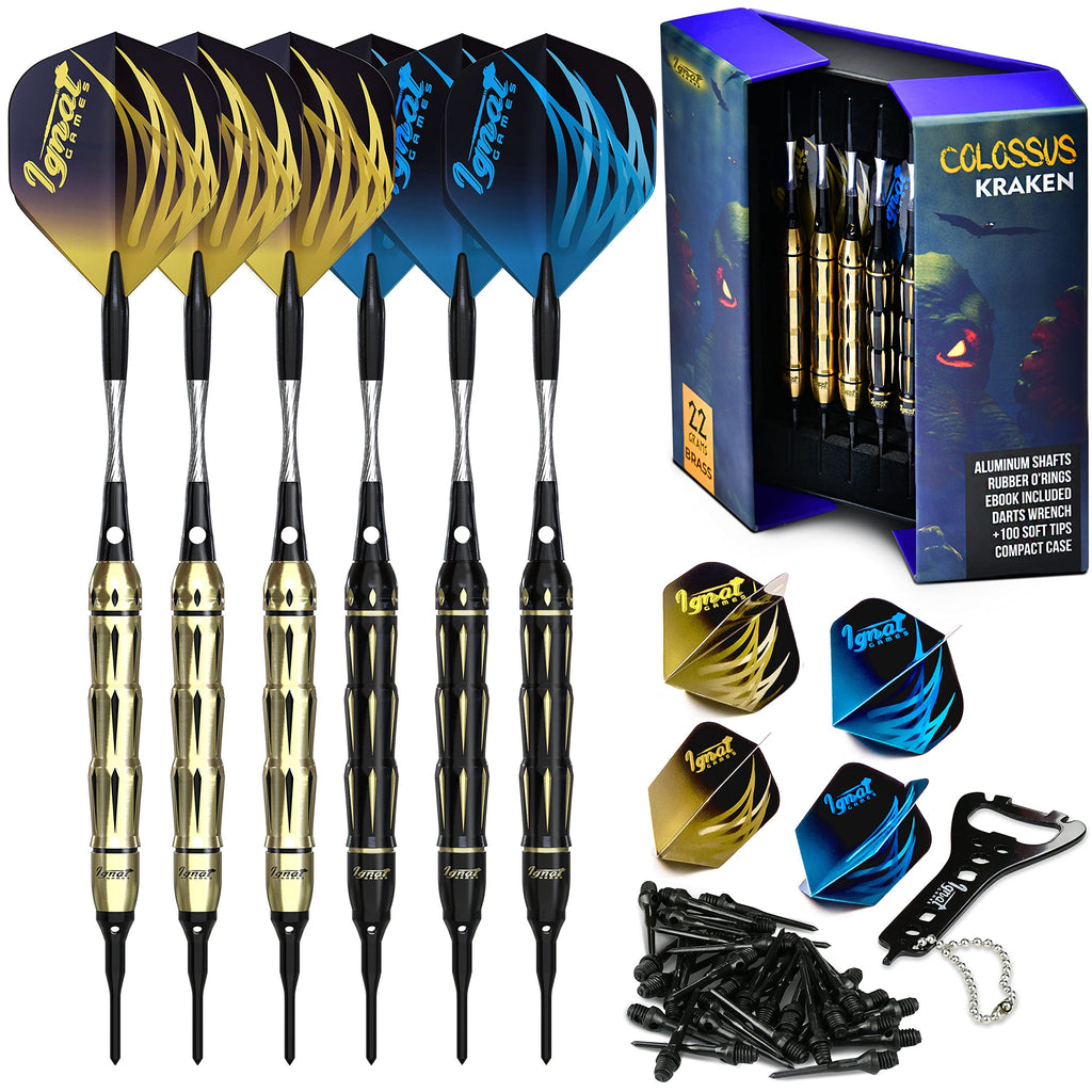 IgnatGames Plastic Tip Darts Set - Soft Tip Darts for Electronic Dart Board - Aluminum Shafts with O'rings, Extra Tips and Extra Flights + Dart Wrench + Innovative Case 22g Colossus Kraken - BeesActive Australia