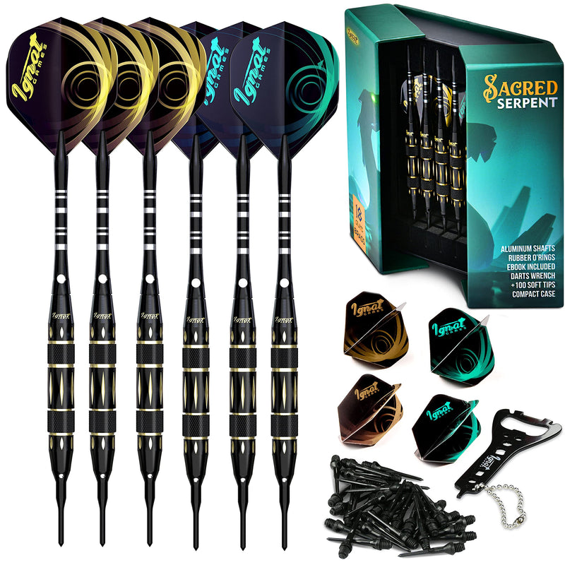 IgnatGames Plastic Tip Darts Set - Soft Tip Darts for Electronic Dart Board - Aluminum Shafts with O'rings, Extra Tips and Extra Flights + Dart Wrench + Innovative Case 18g Sacred Serpent - BeesActive Australia