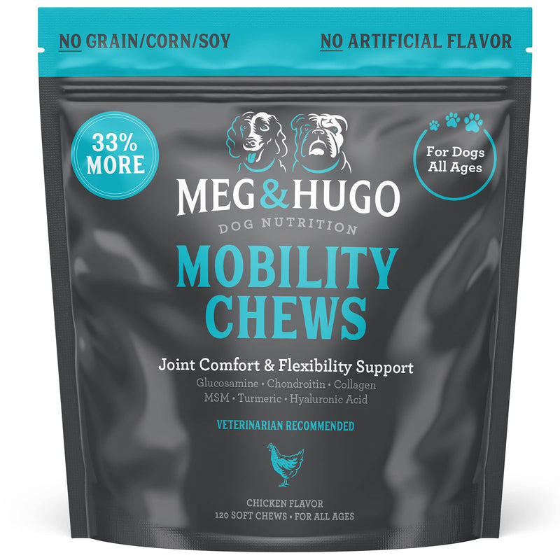 Meg & Hugo Hip & Joint Supplement for Dogs, 33% More 120 Soft Chews with Glucosamine, Chondroitin, Collagen, MSM, Turmeric, Hyaluronic Acid, Flaxseed, Vitamin C & E, Mobility Chews, Vet Recommended - BeesActive Australia