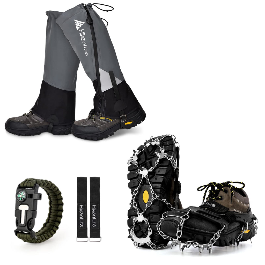 Hikenture Leg Gaiters(Size L) and Ice Cleats Crampons(Size XL), Anti-Tear Hiking Gaiters and 19 Spikes Shoe Ice & Snow Grips, Shoe Gaiters & Microspikes for Hiking, Fishing, Walking, Mountaineering - BeesActive Australia