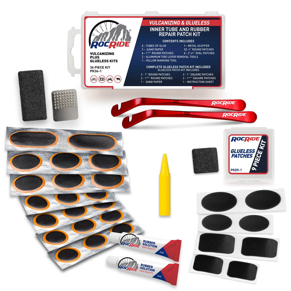 RocRide 36-PC Bike Inner Tube Repair Kit. Includes Vulcanizing and Self Adhesive Bike Tire Patch Kit with Metal Tire Levers - BeesActive Australia