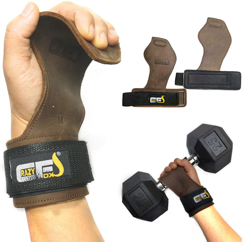 CRAZY FOXS Flame Grips Leather Lifting Straps Heavy Duty Men and Women Gloves for Pull ups Deadlift Power Lifting with Neoprene Padded Wrist Wraps Brown Leather Large - BeesActive Australia