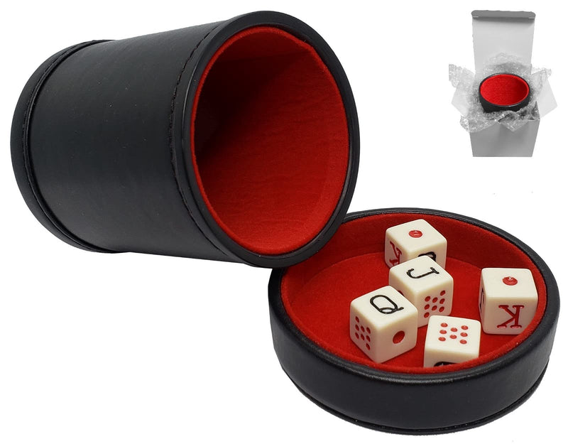 Cyber-Deals PU Leather Dice Cup, Premium Felt Lined Lid/Tray and Spanish Poker Dice Set in White Gift Box (Black / Red Cup, Ivory Tone Dice) Black / Red Cup, Ivory Tone Dice - BeesActive Australia