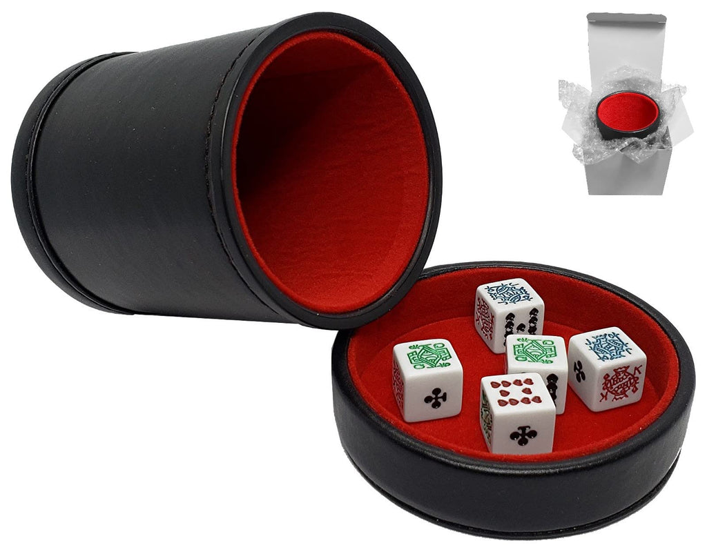 Cyber-Deals PU Leather Dice Cup, Premium Felt Lined Lid/Tray and Poker Dice Set in White Gift Box (Black / Red Cup, White Dice Clubs Ace) Black / Red Cup, White Dice Clubs Ace - BeesActive Australia