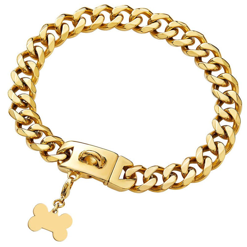 19MM Gold Chain Dog Collar with Design Secure Clasp & ID Tag,18K Cuban Link 19MM Strong Heavy Duty Chew Proof Metal Walking Collar for Medium Large Dogs 16 Inch - BeesActive Australia