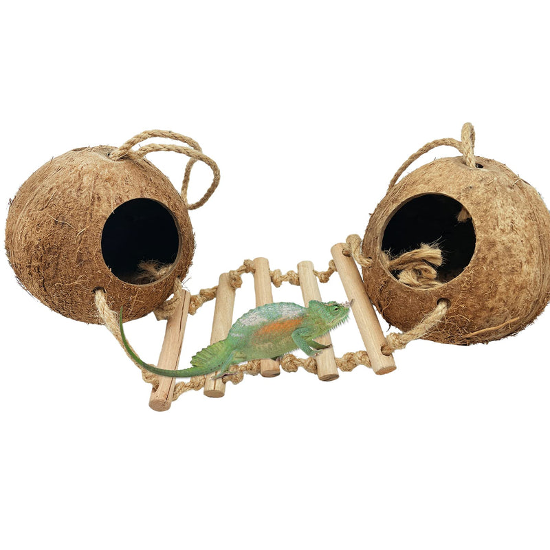 Gecko Coconut Shell Hut,Reptile Hideout Home Nesting House Natural Habitat Decor with Hanging Wooden Ladder for Lizard Gecko Hermit Crab - BeesActive Australia