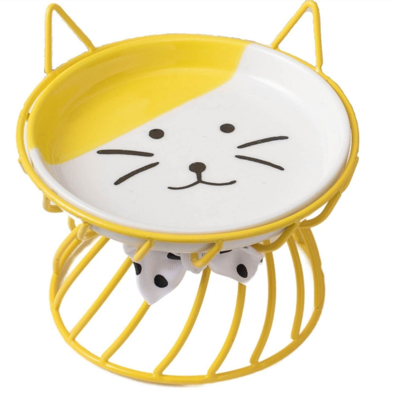 Ceramic Cat Food Bowls with Stand,Tilted Elevated Cat Bowl, Pet Food Bowl for Flat Faced Cats, Protect Pet's Spine, Dishwasher Safe… Yellow - BeesActive Australia