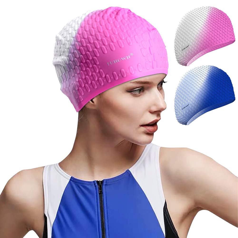 FUNOWN Silicone Swim Caps,2 Pack Durable Silicone Swimming Caps for Women Man, Comfortable Fit for Long Hair and Short Hair,Swimming Cap for Adult Youth to Keep Hair Dry, Easy to Put On and Off - BeesActive Australia