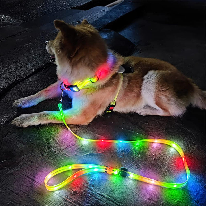 Led Light Up Dog Collars Lights for Night Time Walking Glow in The Dark Dog Leash and Harness Lighted USB Rechargeable for Large Medium Small Pet Yellow LED Collar+leash - BeesActive Australia