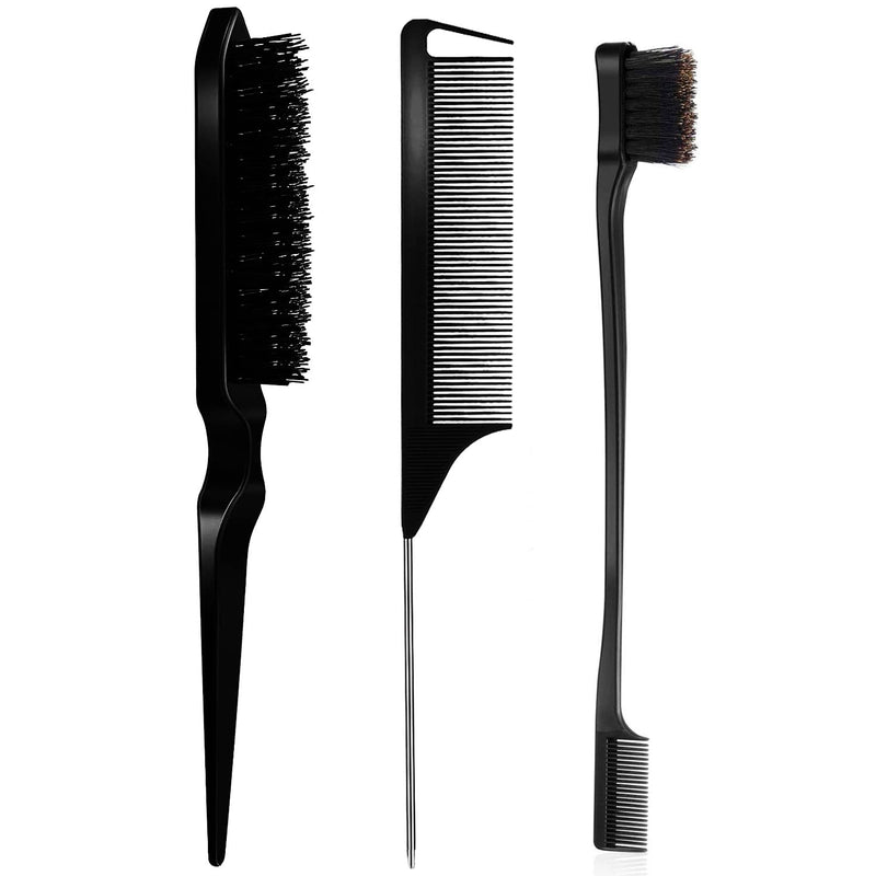 3 Pieces Teasing Brush Set, Bristle Hair Brush 3 Row Teasing Brush Dual Edge Brush Sturdy Styling Comb Parting Comb for Brushing, Combing, Slicking Hair for Stylist Women Black - BeesActive Australia