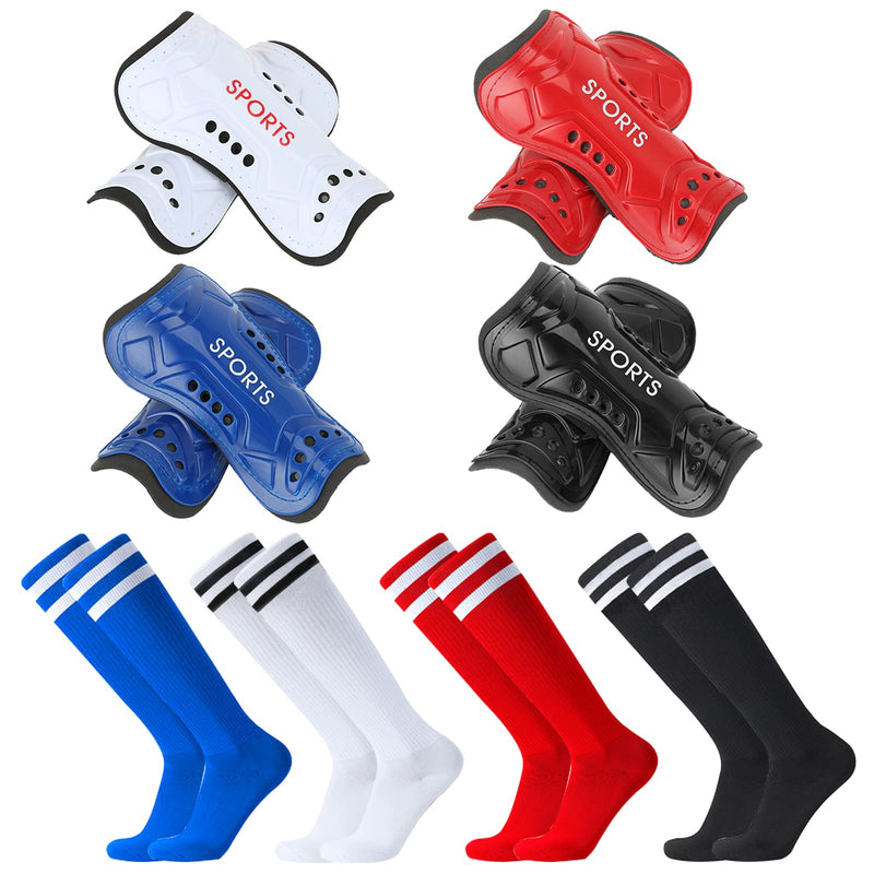 Soccer Shin Pad Soccer Socks Set 4Pairs EVA Cushion Sports Shin Guards with 4Pairs Knee High Tube Soccer Socks Adjustable Calf Protective Gear for Kids Youth Teens Adults Black+ White+ Red+ Blue Adult - BeesActive Australia