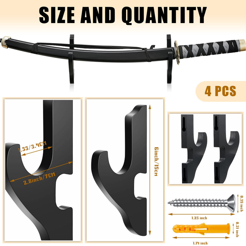 Yookeer 4 Sets Sword Wall Mount Adjustable Sword Holder Wood Martial Arts Weapons Stand Samurai Sword Weapon Wall Mount Wooden Sword Hangers with Nails Sword Display Supplies Black - BeesActive Australia