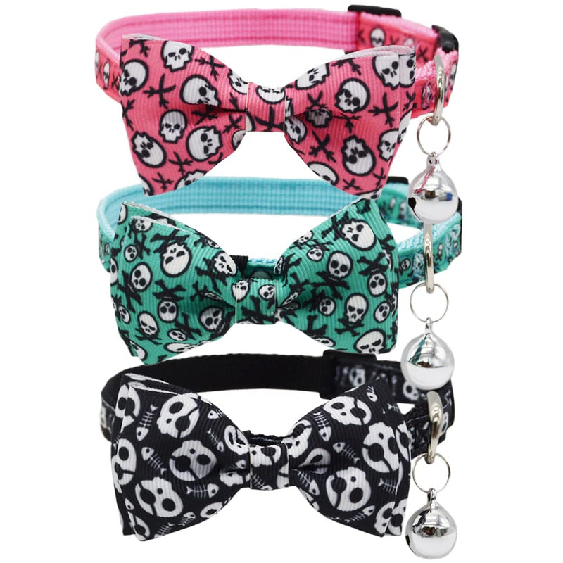 3 Pack Bowtie Skull Cat Collar Adjustable Quick Release Collar with Bell Black Pink and Green - BeesActive Australia