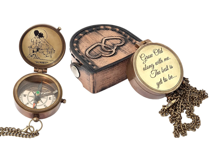Brass Nautical - Engraved Compass with a Romantic Emotional Message, Gift for Husband, Anniversary, Wedding Gift for Him, Long Distance Gift, I Miss You, Valentine Grow Old Along With Me, With Sunset Painting - BeesActive Australia