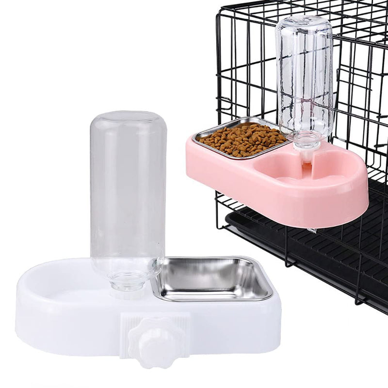 Crate Dog Cat Bowls, Dog Water and Food Bowl Set with Detachable Stainless Steel Bowl and Automatic Water Dispenser Bottle, Hanging Pet Cage Kennel Food Water Feeder Bowls for Puppy Cat Rabbite Birds White - BeesActive Australia