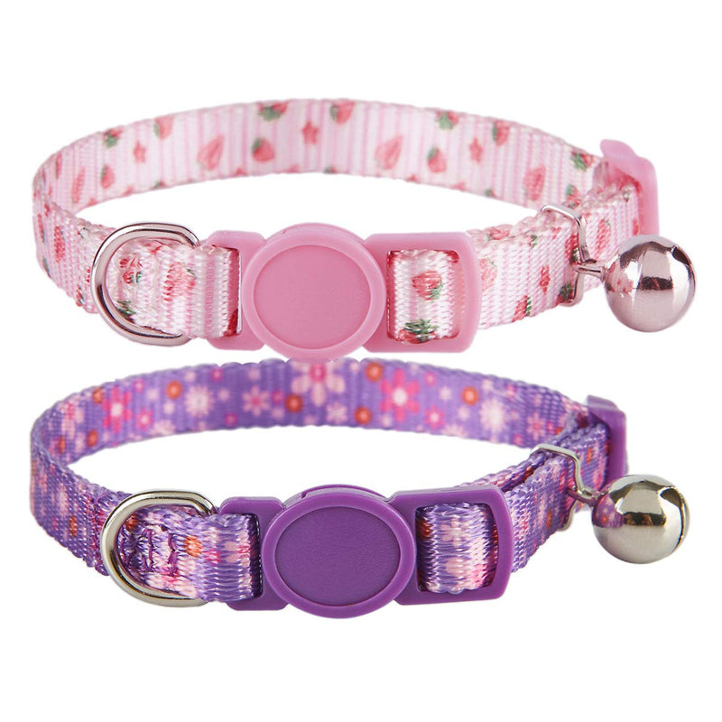 Ewinoom Adjustable Cat Collars Pack of 2 Breakaway Floral Cute Cat Collar with Bell for Female Kitten Neck 7.5"-11.4" Floral Pink + Purple - BeesActive Australia