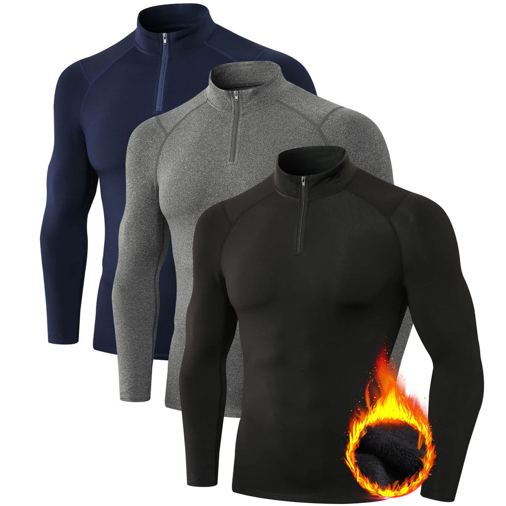 Odoland Mens 3 Pack Thermal Turtleneck Compression Shirts, Quarter Zip Long Sleeve Mock Base Layer Top Athletic Workout Shirt Black/ Grey/ Navy Blue Large - BeesActive Australia