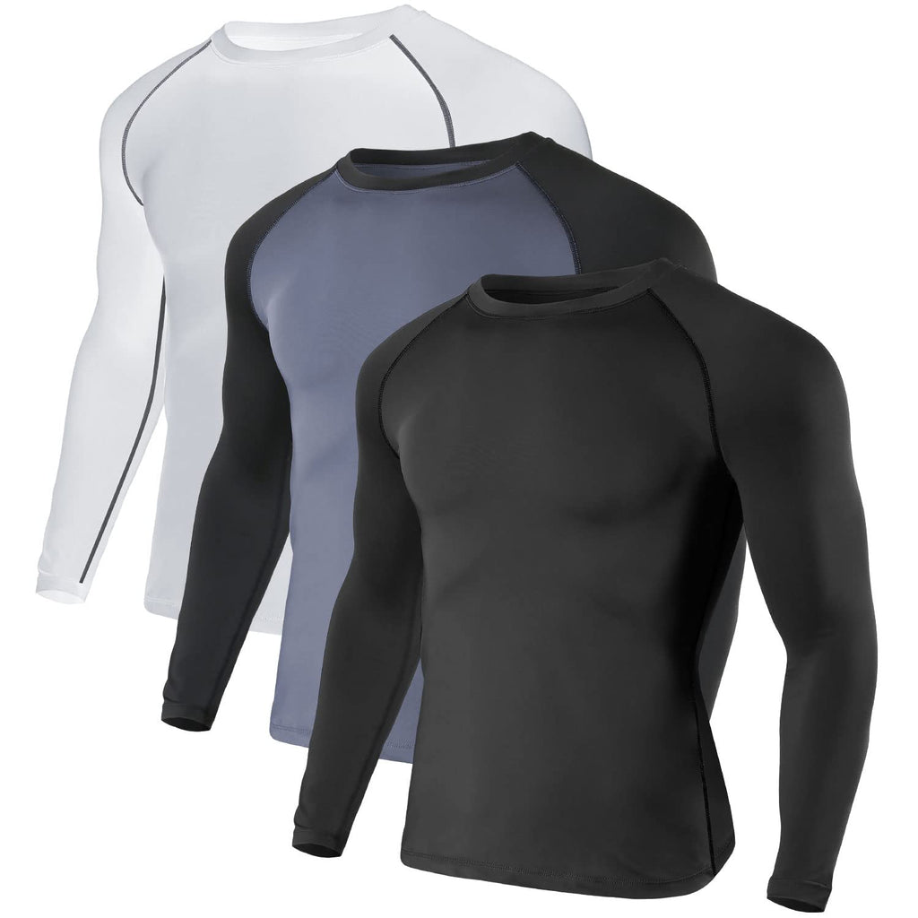 Odoland Men's 3 Pack Cool Dry Compression Shirts, Long Sleeve Athletic Workout Sports Base Layer Tops Fitness T-Shirts Black/ Grey+black/ White Large - BeesActive Australia