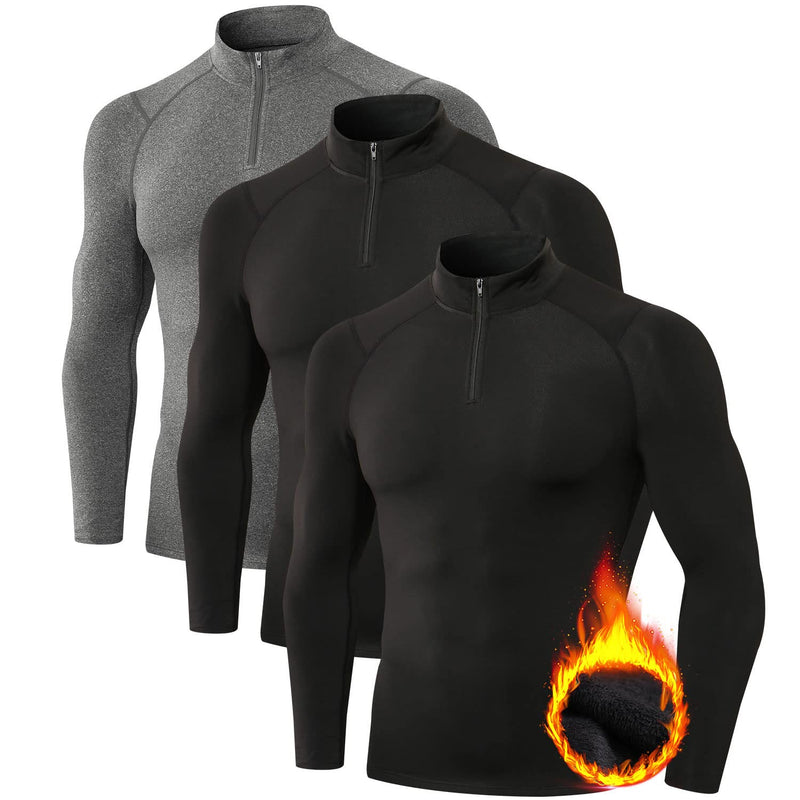 Odoland Mens 3 Pack Thermal Turtleneck Compression Shirts, Quarter Zip Long Sleeve Mock Base Layer Top Athletic Workout Shirt Black/ Black/ Grey Medium - BeesActive Australia