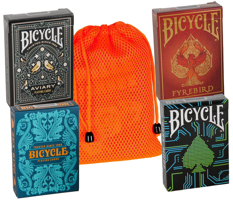 Playing Card Custom Bundle - Bicycle Fyrebird, Aviary, Dark Mode & Sea King with Orange Mesh Storage Pouch - BeesActive Australia