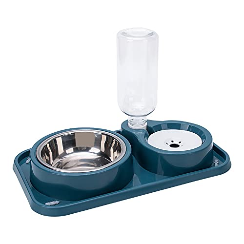 Double Dog Cat Bowls, 2 in1 Pet Water and Food Bowl Set with Automatic Gravity Water Dispenser Bottle Detachable Stainless Steel Bowl No-Spill for Cats and Dogs Puppy Kitten Rabbit Blue Capacity Water Bottle: 500ML - BeesActive Australia