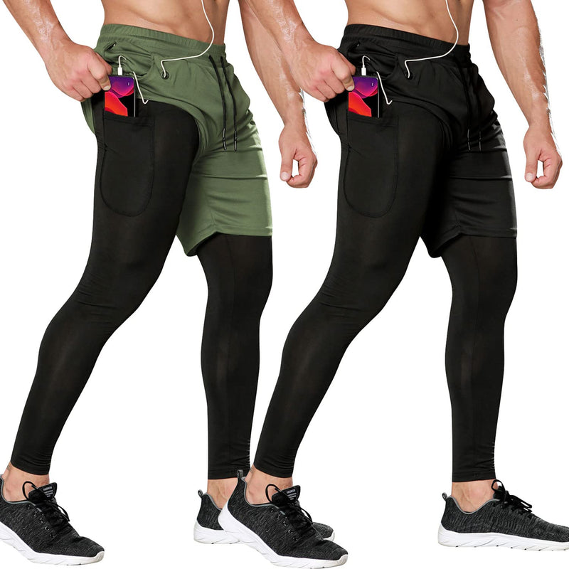 Odoland 2 Pack Mens Compression Running Pants, 2 in 1 Quick Dry Athletic Workout Sweatpants Shorts Gym Leggings with Pocket Black/ Army Green Medium - BeesActive Australia