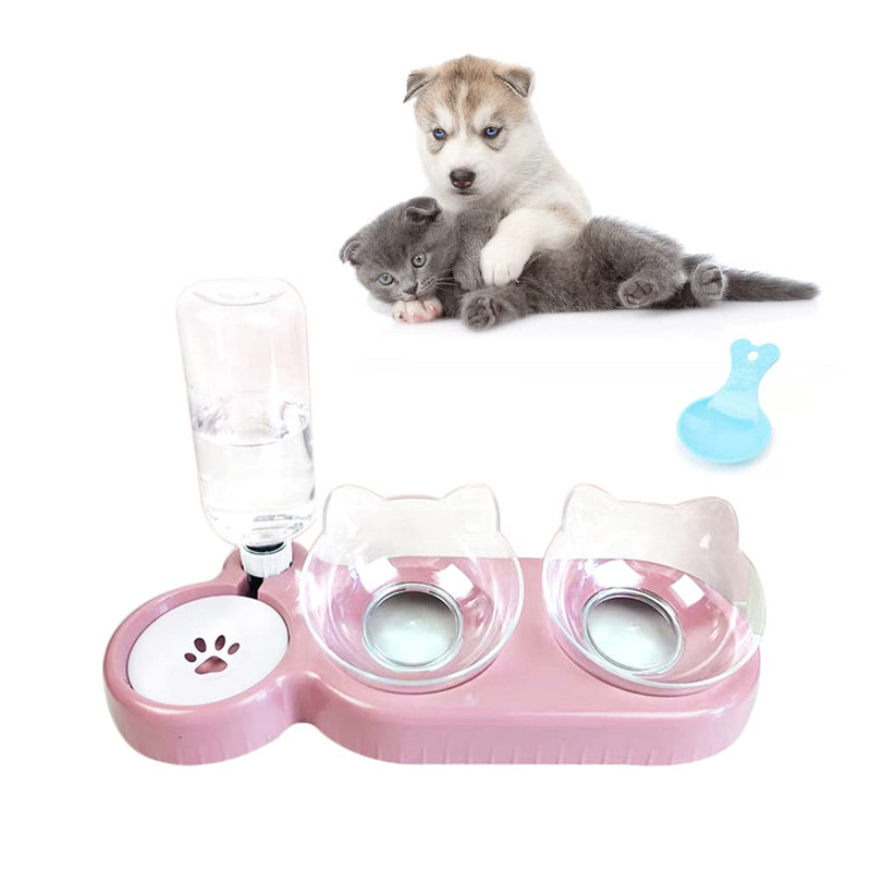 Triple Dog Cat Bowls,15°Tilt 3- in- 1 Water Feeder Bowls Cat Double Food Bowls with Automatic Water Bottle Bowl,Removable Cat Wet and Dry Food Bowl Set for Small Cat and Puppy Pink - BeesActive Australia