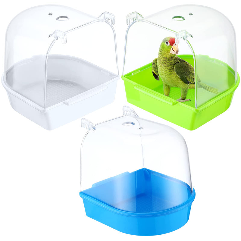 3 Pieces Clear Bird Bath for Cage Parakeet Bird Cage Accessories Hanging Bird Bath Box Parrot Bird Bathing Tub with Clear View for Small Birds Cockatiel Conure Canary Budgies Parrots Blue Green White - BeesActive Australia