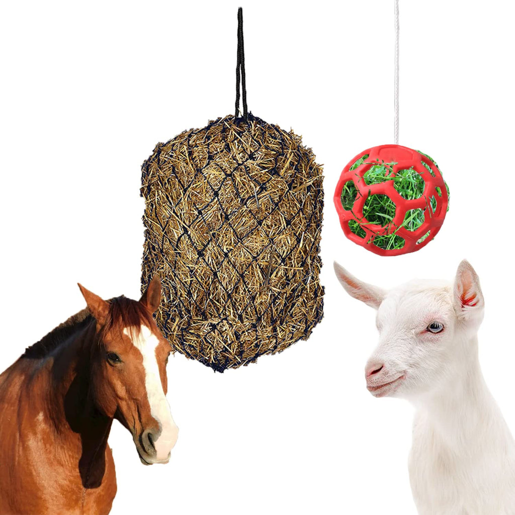 WoYous Goats Treat Ball and Hay Net for Goats Set, Hanging Hay Feeder Bag with Holes Can Slow Feed, Goat Feeder Ball Toy for Horse Goat Sheep Relieve Stress Red - BeesActive Australia