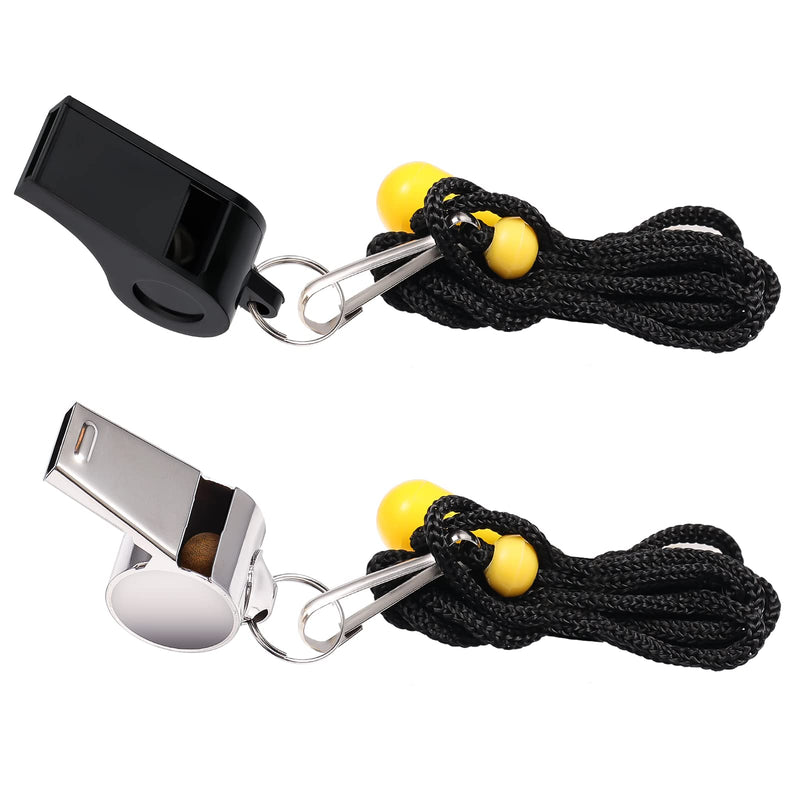 SAVITA 2pcs Sports Whistles, Loud Sound Plastic Whistle and Stainless Steel Whistle with Nylon Lanyard in Training Survival Emergency for Referee Coach Teacher Dog Training 1pc/Black + 1pc/Silver - BeesActive Australia