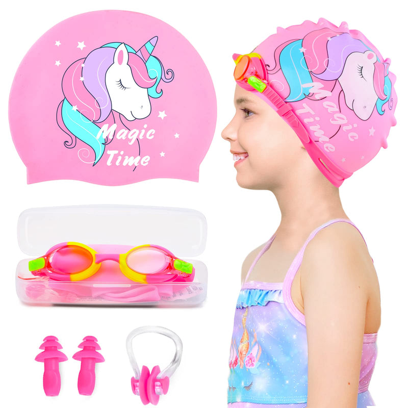 Kids Swim Caps for Girls (Age 4-8), Durable Waterproof Silicone Swimming Cap for Short/Long Hair with Swimming Goggles, Ear Plug and Nose Clip - BeesActive Australia