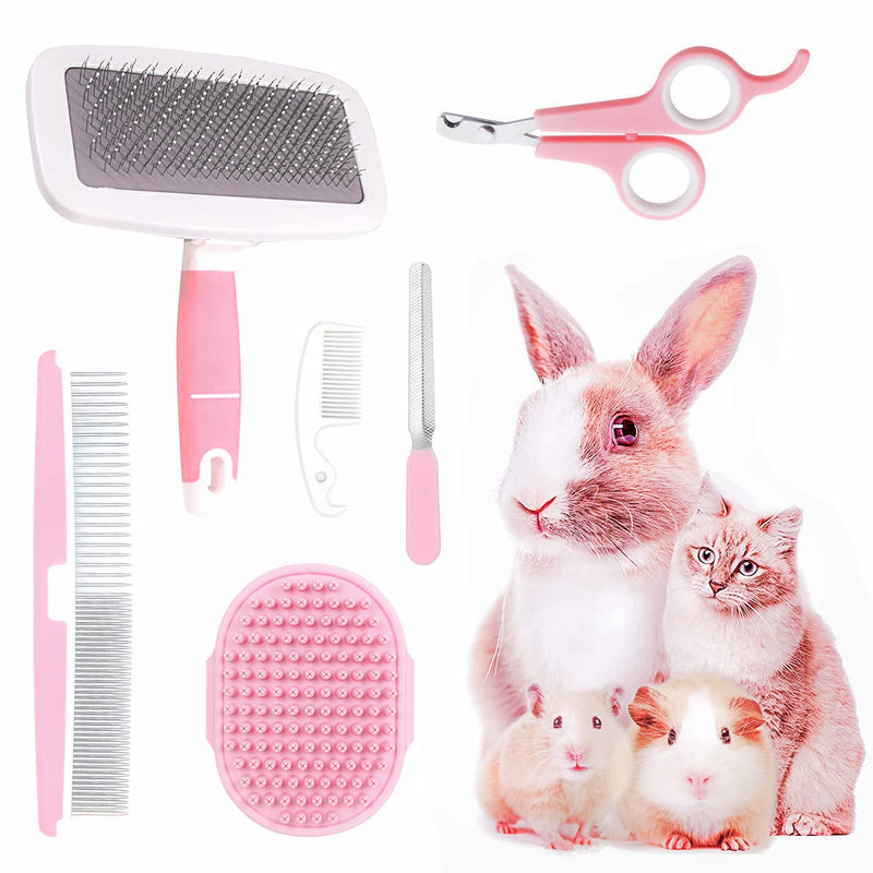 Crafterlife Small Animal Pet Grooming Kit with Pet Shedding Slicker Brush, Bath Massage Glove, Pet Grooming Comb, Nail Clipper Trimmer for Rabbit, Puppy, Kitten, Guinea Pig, Hamster, Ferret (Pink) - BeesActive Australia