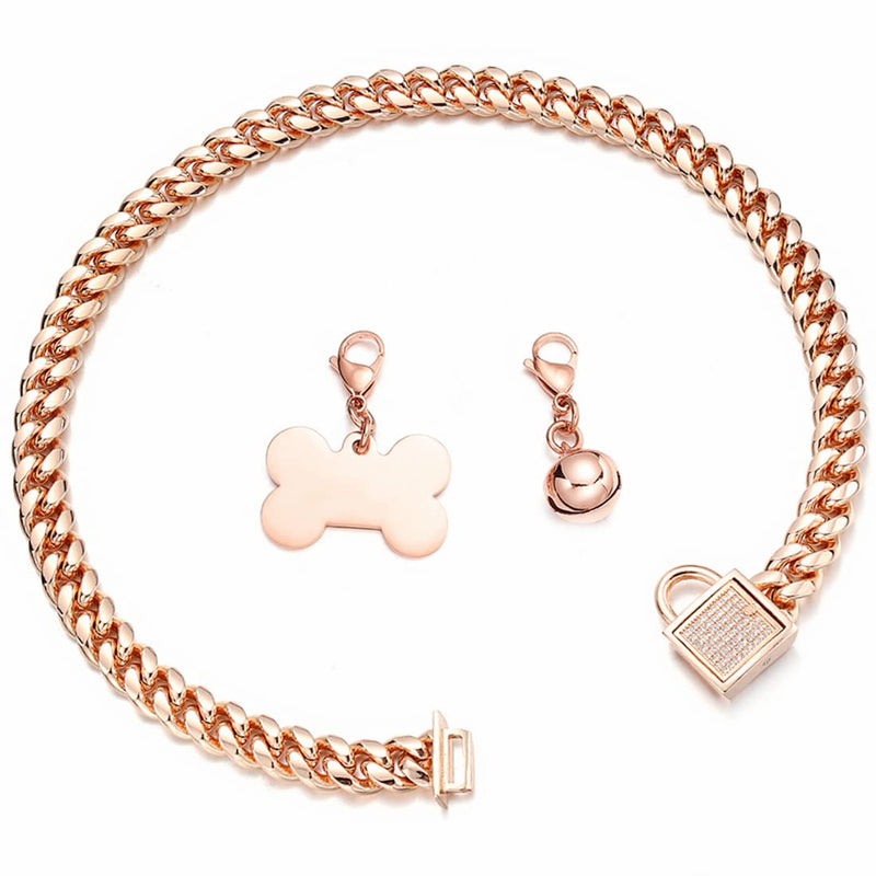 Aiyidi Rose Gold Dog Chain Collar with CZ Design Buckle Stainless Steel Metal Cuban Link Chain Collar for Dog Boys Girls Bling Collars with Dog Tag Bell Training Walking Collar Chain wide: 10mm 10inches(Fits dog's neck 8''-9.5'') - BeesActive Australia