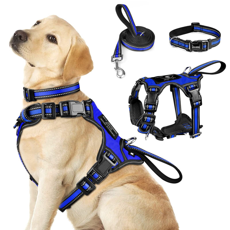 WINSEE Pet Harness Collar and Leash Set, All-in-one Reflective Dog Harness No Pull with Adjustable Buckles for Puppies, Small, Medium, Large, and Extra-Large Dogs Dark Blue - BeesActive Australia