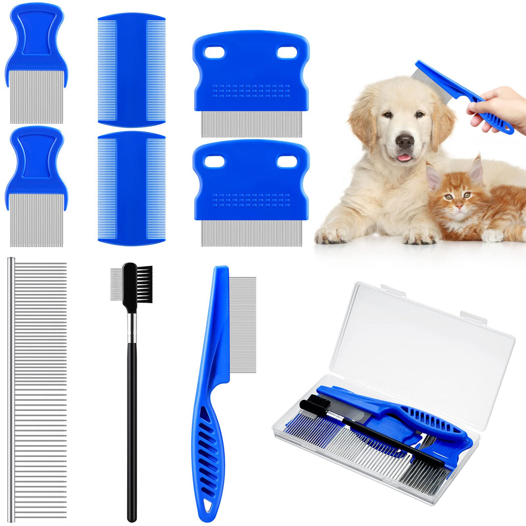 9 Pieces Pets Grooming Comb Kit Tear Stain Remover Comb 2 in 1 Dog Combs with Round Teeth Double Head Grooming Comb with Storage Box for Dog Cat Combing Tangled Hair Crust Dandruff Supplies, Blue - BeesActive Australia