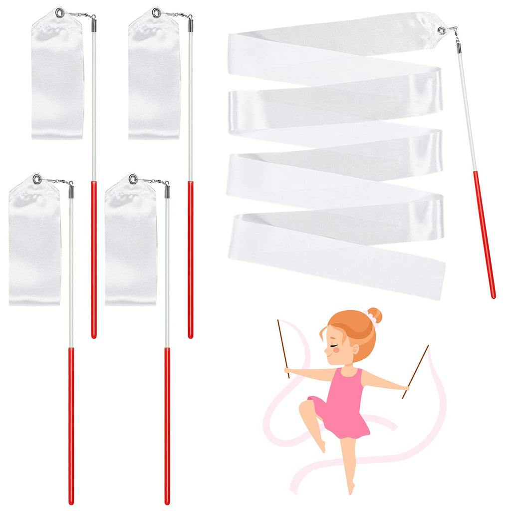 HyDren White Gymnastics Ribbon Wands 4 Pieces Rhythmic Dancing Streamers Praise Ribbon Dancer Wand Twirling Baton for Adults Kids Ribbon Streamers for Talent Shows Artistic Dancing - BeesActive Australia