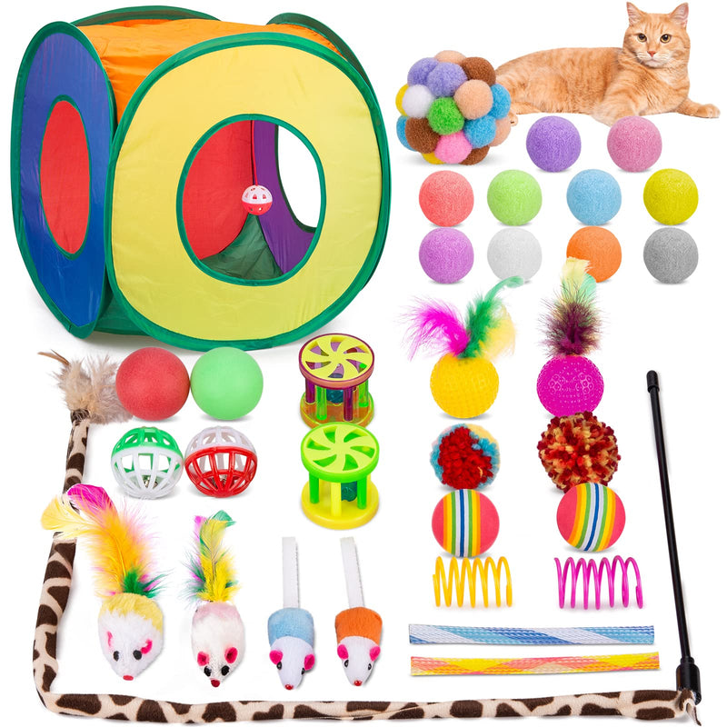 Cat Toys 33 PCS, Interactive Cat Kitten Toys for Indoor Cats Kitty with Collapsible Cat Play Tunnel Tube Tent Cat Feather Wand Teaser Cat Bell Fuzzy Ball Springs Mouse Toys For cats less than 12lbs - BeesActive Australia