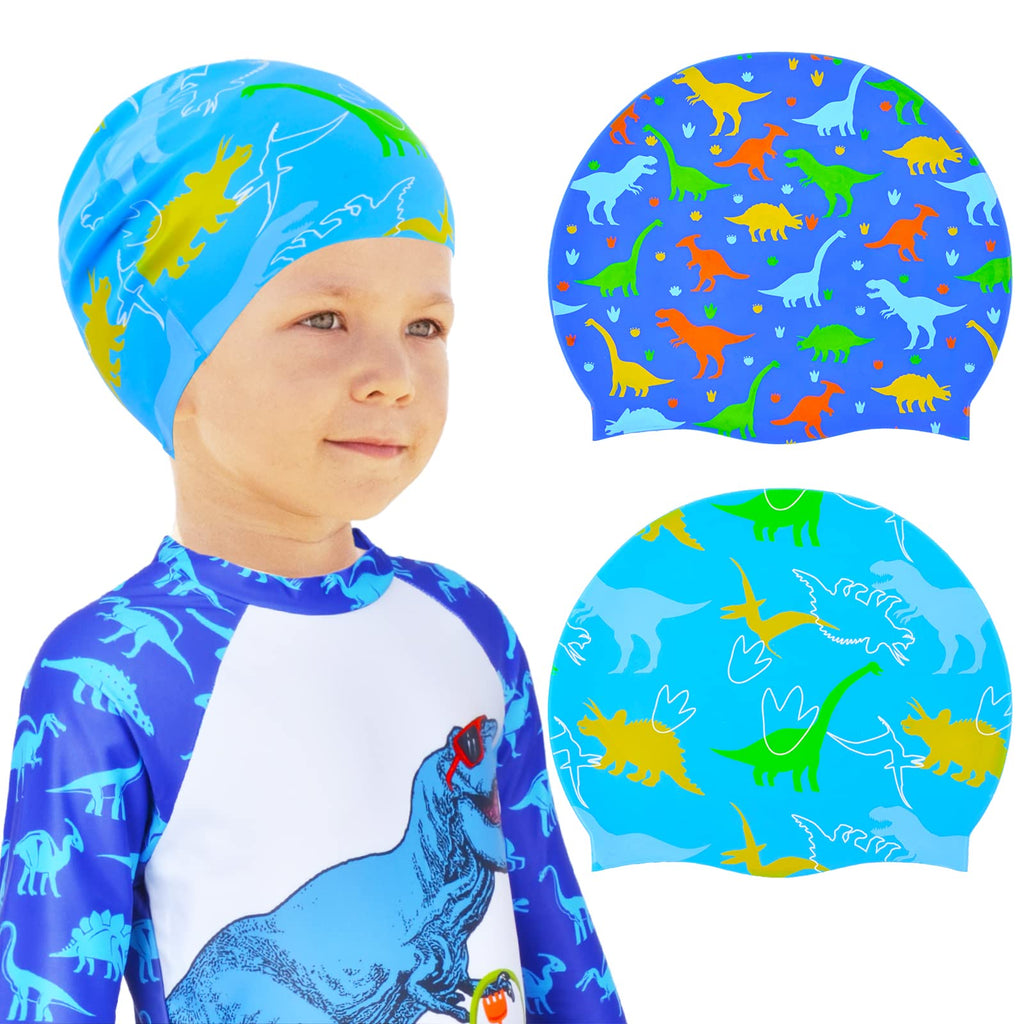 Sylfairy 2 pcs Kids Swim Cap Silicone Swimming Cap for Boys Girls (Age 4-8) Cover Ears Waterproof Bathing Cap Keep Hair Dry Swimming Hat for Long and Short Hair - BeesActive Australia