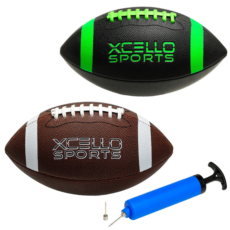 Xcello Sports JR Football Assortment w/Pump (Pack of 2) Black/Green & Brown/White Junior - 10" - BeesActive Australia