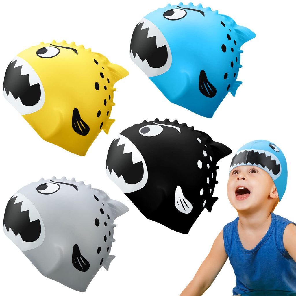 4 Pack Kids Swim Cap Silicone Fun Swimming Cap for Kids Cute Swimming Hat for Kids with Cartoon Sharks Animal Print for Girls Boys Toddler Age 3-12 with Long and Short Hair, 4 Colors - BeesActive Australia
