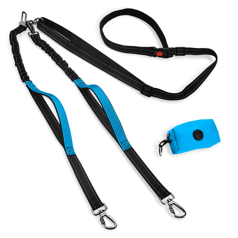 Hands Free Double Dog Leash, Adjustable Waist Belt, No-Tangle Reflective Leash with Bungee Leash and Padded Handles for Walking Running Training with Medium and Large Dogs ( with Poop Bag Holder) - BeesActive Australia