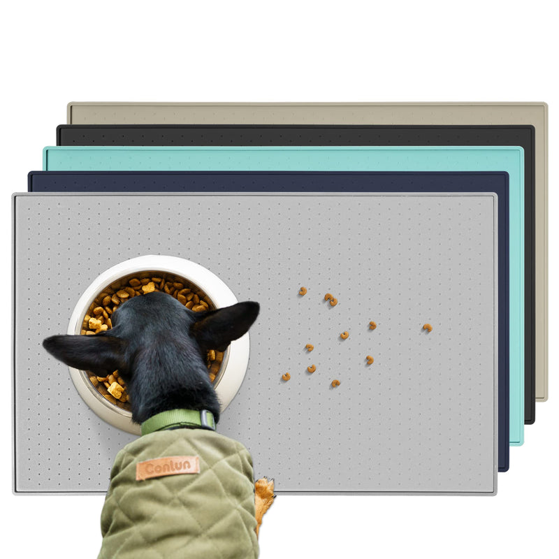 Conlun Silicone Dog Food Mat, Waterproof Rubber Pet Feeding Mat for Dog and Cat, Anti-Slip Dog Cat Bowl Mat with Raised Edge, Avoid Water Or Food Spilling Out, Dishwasher Safe Medium (18.5" x11.5") Grey - BeesActive Australia