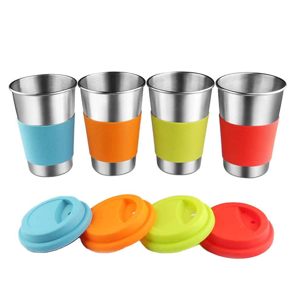 Kids and adults both enjoy these Stainless Steel Cups, with Lids and matching silicon straws, | Pack of 4 Drinking Tumblers| 16oz Dishwasher Safe Glasses for Travel, Daily Use, or Camping - BeesActive Australia