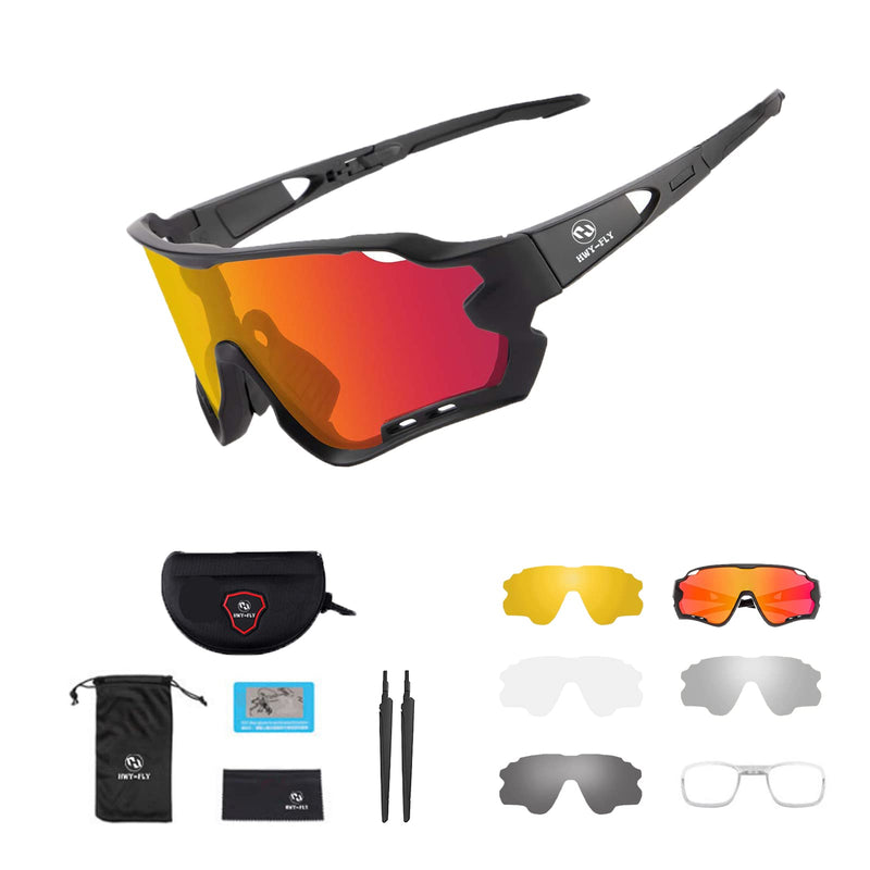 H HWY-FLY Polarized Cycling Glasses, Polarized Sports Sunglasses with 5 Interchangeable Lenses UV Protection for Mens Womens TR90 Cycling Glasses, Cycling, Baseball, Fishing, Ski Running, Golf (Red Black) - BeesActive Australia