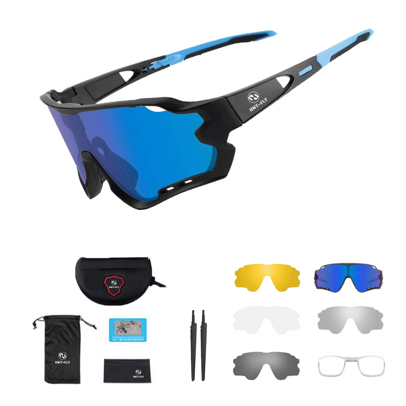 H HWY-FLY Polarized Cycling Glasses, Polarized Sports Sunglasses with 5 Interchangeable Lenses UV Protection for Mens Womens TR90 Cycling Glasses, Cycling, Baseball, Fishing, Ski Running, Golf (Blue) - BeesActive Australia